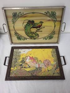 lot 77G image: Set of 2 Vintage Glass Serving Trays with Colorful Designs