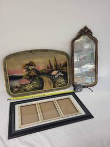 lot 78G image: Collection of 3 Vintage Wall Art Pieces with Decorative Mirror and Framed Art