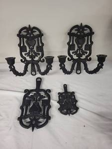 lot 83G image: Set of 2 Cast Iron Wall-Mounted Candle Holders and 2 Matching Plaques