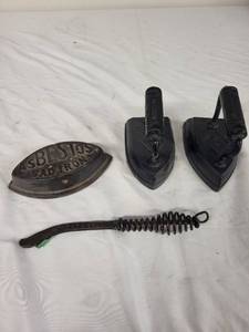 lot 86G image: Collection of Antique Sad Irons and Brush