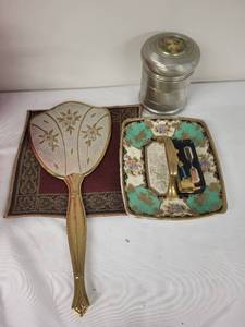 lot 90G image: Vintage Vanity Set with Mirror, Morimura Hand Painted Tray, and Decorative Music Box