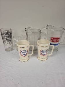 lot 92G image: Assorted Glassware and Ceramic Mugs Set Including Beer Steins and Pitchers