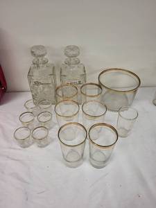 lot 94G image: Vintage Glass Bar Set with Decanters, Glasses, and Wooden Serving Tray