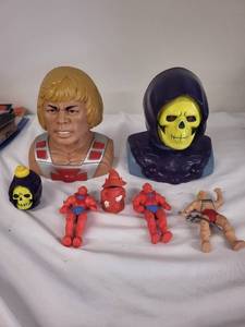 lot 129G image: He-Man and Skeletor Collectible Coin Banks with Vintage Action Figures