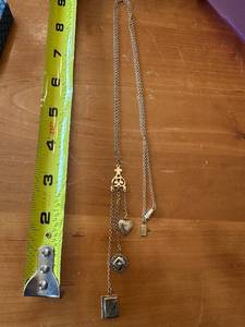 lot 144G image: Antique Gold Tone Charm Necklace with Heart and Book Pendants