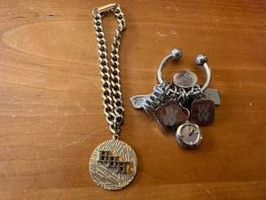 lot 153 image: Vintage HHH (Hubert Horatio Humphrey) Convention Bracelet and Gold and Silver Tone Weight Watchers Keychain and Charm Set