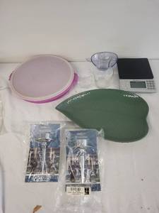 lot 114G image: Collection of Household Items Leaf Serving Dish, Bottle Candle Holder, Scale & Glassware