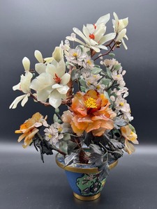 Vintage Cloisonné and Stone Floral Arrangement in Brass Pot