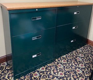 lot 7 image: Green 5-Drawer Lateral File Cabinet with Wooden Top