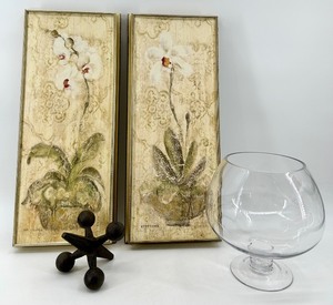 lot 45 image: Set of 2 Framed Orchid Botanical Prints, Glass Vase and Decorative Metal Jack
