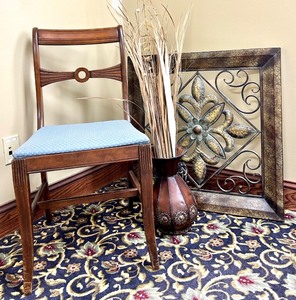 lot 47 image: Vintage Wooden Chair with Decor Vase and Iron Wall Art