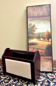 lot 48 image: Wooden Magazine Holder and Landscape Wall Art Set