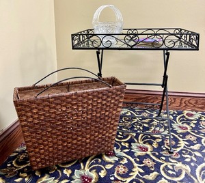 lot 49 image: Wrought Iron Glass Top Side Table with Glass Basket and Wicker Basket