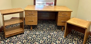 lot 68 image: Set of Wooden Office Furniture with Desk, Shelf, and Side Table