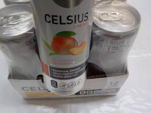 lot 92 image: 12 pack Celsius 12 oz Peach Mango G...
