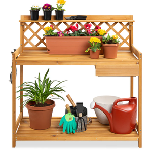 lot 702 image: Wooden Garden Potting Bench Workstation w Cabinet Drawer, Open Shelf