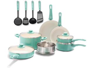 lot 97 image: 15PCS GreenLife Soft Grip Healthy Ceramic Nonstick, Cookware Pots and Pans Set