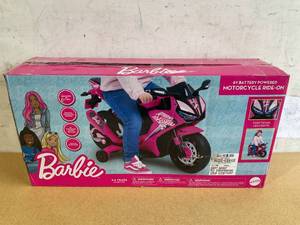 lot 263 image: 6V Barbie Motorcycle Ride on, Max 1 mph, for Kids Ages 3 Years, by Flybar