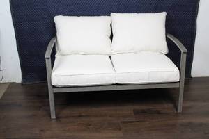 lot 129 image: Gray Outdoor Patio Loveseat with White Cushions