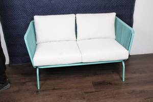 lot 136 image: Outdoor Patio Sofa with Cushions and Turquoise Steel Frame