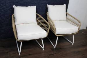 lot 138 image: Pair of Modern Outdoor Patio Chairs with Wicker Design