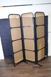 lot 142 image: Folding 3-Panel Room Divider with Metal Frame and Woven Panels