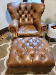 Restoration Hardware Churchill Tufted Leather Wingback Chair and Ottoman