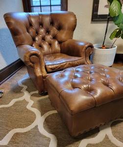 Restoration Hardware Churchill Tufted Leather Wingback Chair and Ottoman
