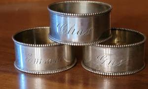 lot 44 image: Antique Sterling Silver Napkin Rings  Emma  Chas  Gus, grams