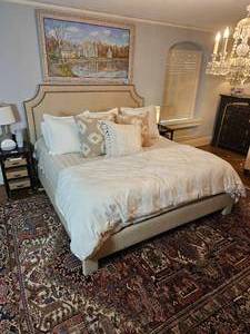 lot 53 image: Charles P Rodgers Taupe Upholstered King Bedframe with Tack Edgework