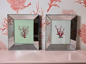 lot 33 image: Striking Red Coral Botanical Print Pair in Mirrored Frames
