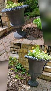 lot 80 image: Black Resin Urn Planters with Floral Display