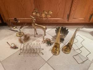 lot 27 image: Collection of Brass Decor Items including Candle Holders and Figurines