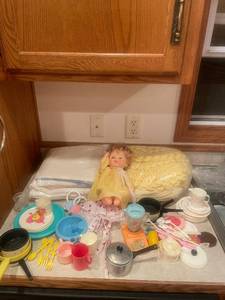 lot 38 image: Doll with Accessories and Childrens Play Kitchen Set