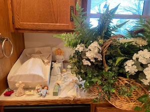 lot 41 image: Collection of Ceramic and Cloth Angel Figurines and Artificial Flower Basket