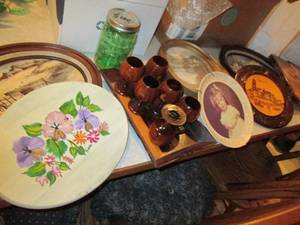 lot 517 image: Vintage framed wall art, wood flute...