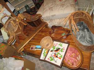 lot 579 image: Wood Shelves, wicker baskets and mi...