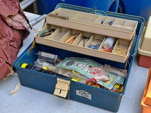 lot 436 image: Tackle Box (Blue) with Assorted Fishing Lures, Weights, Pliers