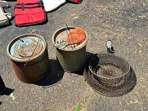 lot 464 image: (2) Metal Minnow Buckets, (1) Wire Net and (1) Wire Basket