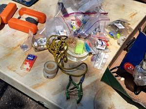 lot 474 image: Lot of (1 Bag) Assorted Fishing Tackle - Pliers, Cutters, Rope, Hooks, Lures, Colored Beads