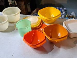 lot 626 image: Lot of (8) Assorted Plastic Dishwares, Storage Bowls with Lids