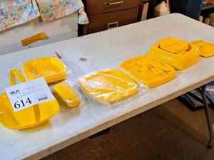 lot 614 image: Plastic Dishware Set - Plates, Bowls, Serving Trays, Utensils (Yellow)
