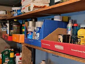 lot 640 image: Shelf Lot - Tire Black, Brake Fluid, De-Icer, Small Engine Fuel Fix, Various Paints, Pruning Seal