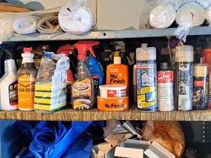 lot 643 image: Shelf Lot - Mold & Stain Remover, Tire Wet, Nu-Finish, Rubbing Compound, The Absorber