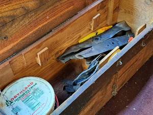 lot 878 image: Lot of  Assorted Mower Blades with Wooden Box with Lid