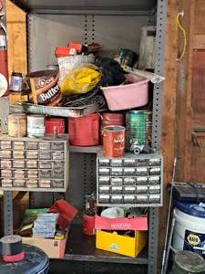 lot 910 image: Shelf Lot - Parts Organizers with Hardwares, Assorted Hardwares, Threaded Bolts, Springs, Nails, NutBolt Gauge