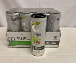 lot 13 image: 12x 12oz Green Apple Cherry Celsius-Sparkling