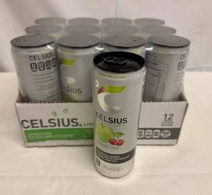 lot 14 image: 12x 12oz Green Apple Cherry Celsius-Sparkling