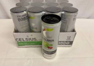 lot 15 image: 12x 12oz Green Apple Cherry Celsius-Sparkling
