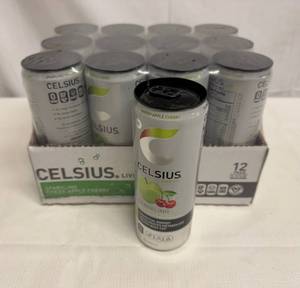 lot 16 image: 12x 12oz Green Apple Cherry Celsius-Sparkling
